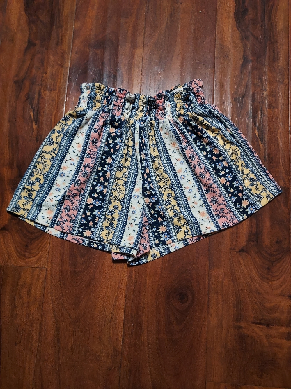 High-Waist Striped Floral Summer Shorts - Navy, Pink & Mustard